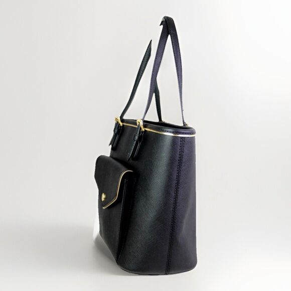 MICHAEL KORS Jet Set Large Saffiano Leather Black Pocket Tote Gold Trim Bag - Picture 3 of 13